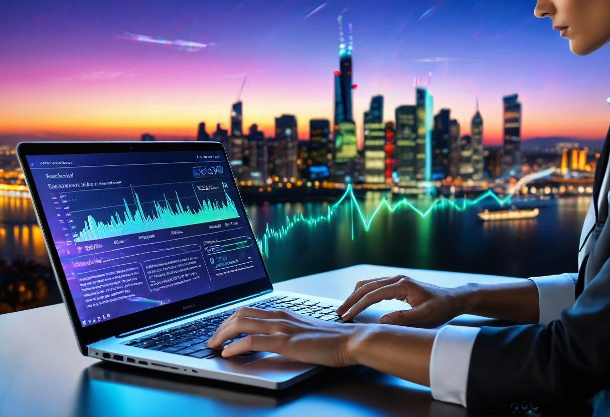 A professional in a modern office, confidently typing on a sleek laptop, with a holographic Europass CV floating beside them, showcasing a blend of dynamic graphs and text. Behind them, a futuristic skyline signifies the digital job market. super-realistic. vibrant colors. 3D.