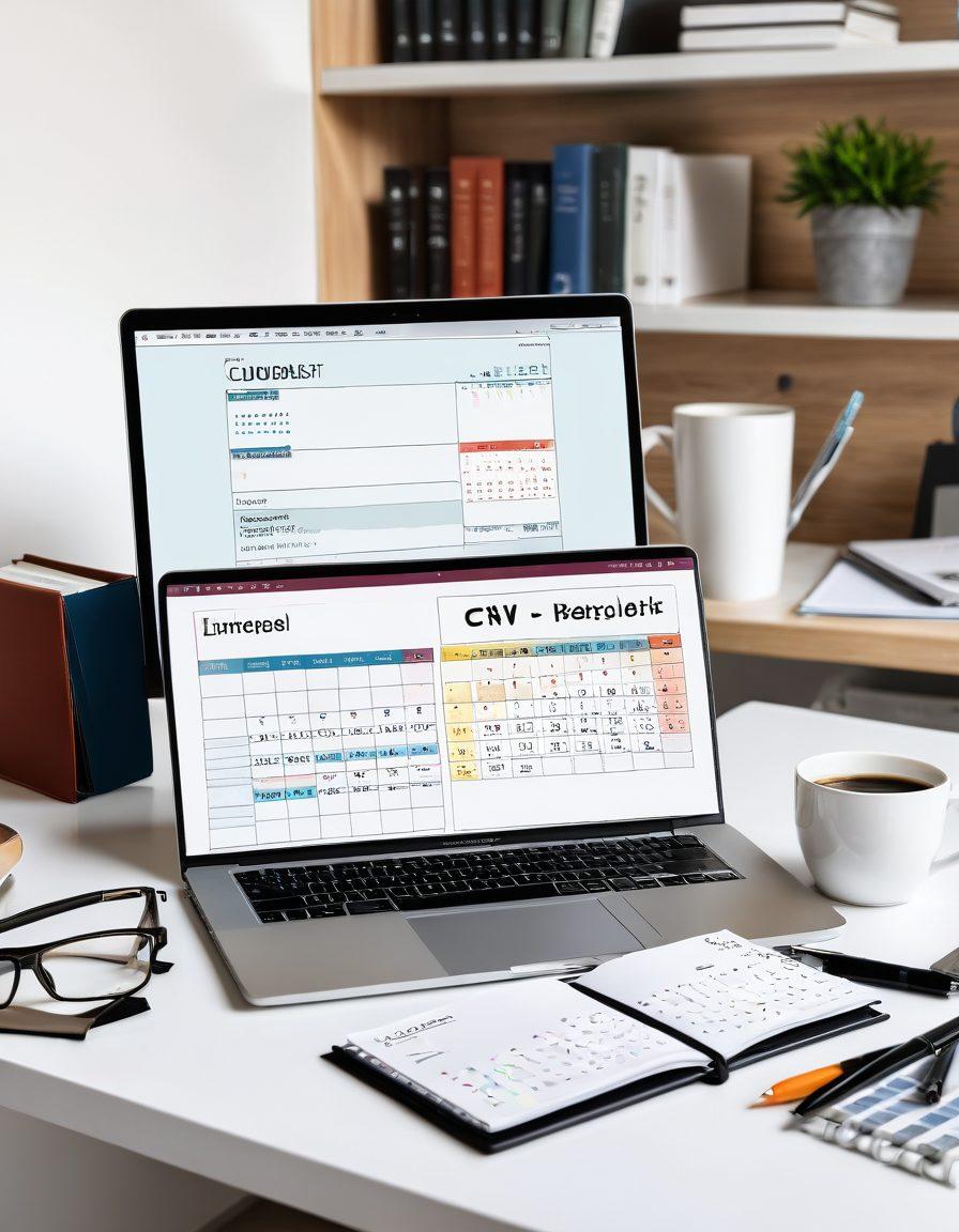 A professional desktop setup featuring a sleek laptop with the Europass CV template on the screen. Surrounding the laptop are essential work tools: a polished pen, an elegant notebook, and a cup of coffee. In the background, subtle elements like a calendar and a modern bookshelf to signify career planning and growth. super-realistic. vibrant colors. white background.