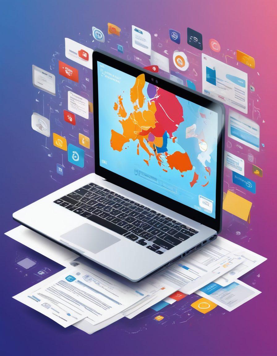 A dynamic illustration of a laptop with an impressive Europass resume displayed on its screen, surrounded by floating icons representing various job skills, certificates, and diverse industries. The background features a subtle map of Europe, symbolizing the widespread applicability of Europass. vector art. vibrant colors. modern design.